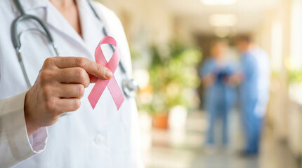 Medical professional holds a pink ribbon in a hospital setting while colleagues discuss nearby during an awareness campaign for health