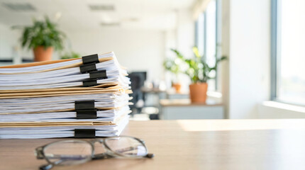 Documents are stacked on a table beside glasses in an office with windows letting in sunlight and plants in the background during a busy workday