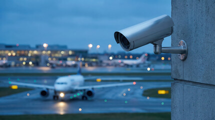 Surveillance camera observes airplane activity at airport during evening hours as flights prepare for takeoff and landing