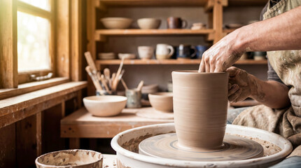 Pottery making in a workshop with hands shaping clay into a tall vessel while tools and bowls are visible on shelves in the background during daylight hours