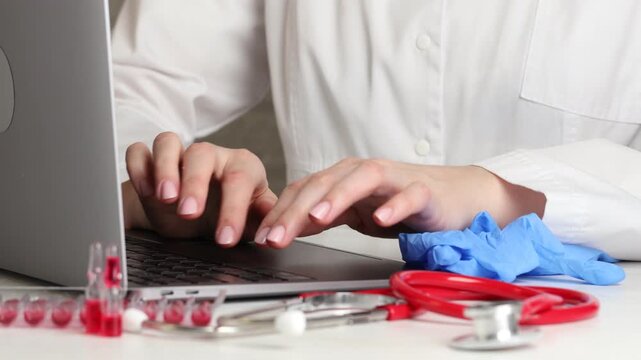 Telehealth. Doctor taking off gloves and using laptop at white table, closeup