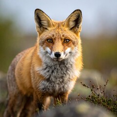 Fototapeta premium A captivating portrait of a vibrant red fox, showcasing its alert gaze and stunning fur in natural habitat.
