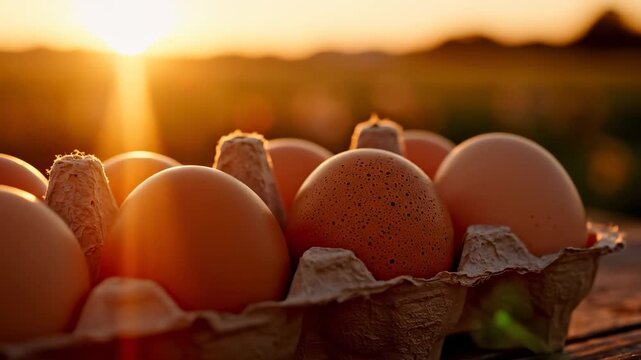 The image shows a carton of eggs with a sunset in the background. The eggs are arranged neatly, and the warm light highlights their brown shells against the field.