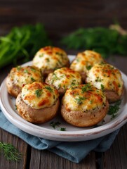 Plant based party appetizers, A plate of delicious stuffed mushrooms topped with melted cheese and herbs, arranged beautifully for an appetizing presentation.