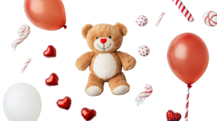 Valentine's day bear, hearts, balloons, celebration, flat lay, love concept