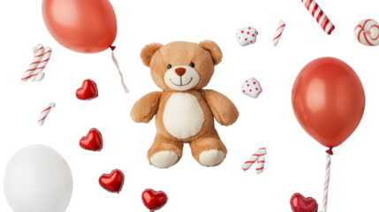 Valentine teddy bear with hearts and balloons on transparent background