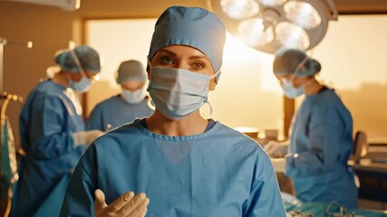 A woman in surgical attire stands in an operating room. Behind her, several healthcare professionals in masks and scrubs are focused on their medical tasks.