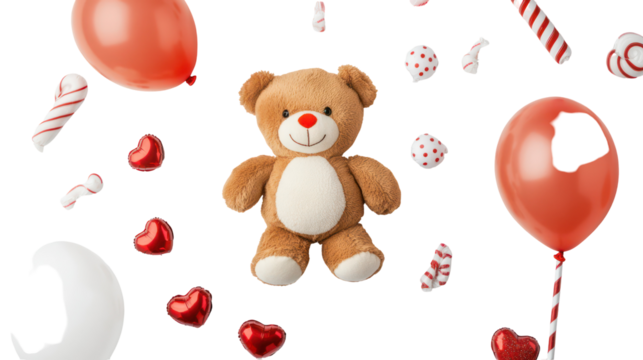 Valentine's day bear with hearts and balloons on transparent background - Powered by Adobe