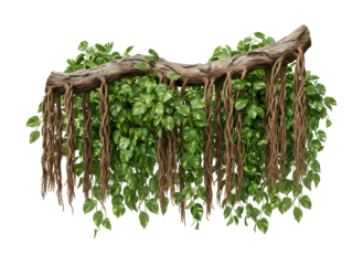 Hanging plant illustration with green leaves and brown vines against transparent background