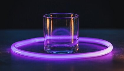 A glass surrounded by glowing purple neon light ring.
