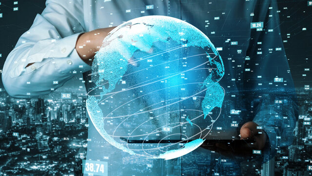 A businessman interacts with a smartphone while a digital globe and data analytics appear over a modern city backdrop, symbolizing global connectivity and insight. Xenic - Powered by Adobe