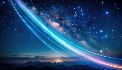 Night sky with stars and light trails over mountains.