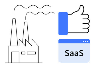 Obraz premium SaaS concept. Visualizing software as a service integration in industrial processes with a factory, thumbs-up for approval, and SaaS browser window. Applications include technology solutions