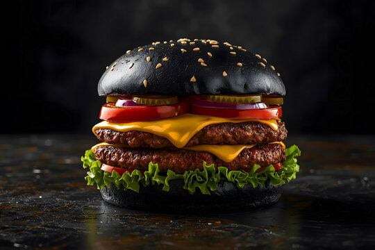 Double Beef Burger with Black Bun and Melted Cheese on Dark Background