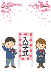 入学式の新入生男女と立て看板｜桜が舞う春の学校イラスト縦長背景