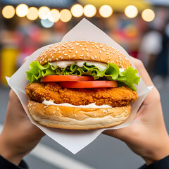 Hands holding a crispy chicken sandwich with lettuce and tomato