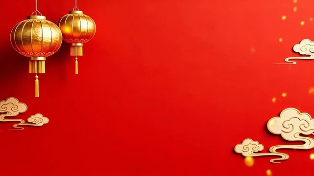 Red background with golden lanterns and clouds