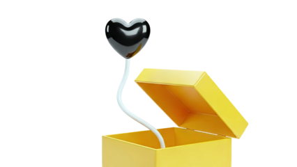 Black Heart Balloon Emerging from Yellow Gift Box