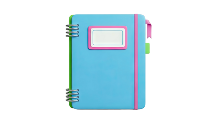 Blue spiral-bound notebook with pink elastic closure and label