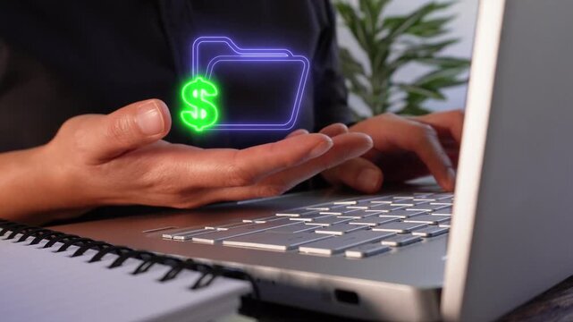 Organized financial documents. Close-up of a businesswoman's hands working on her laptop while holding a virtual folder icon with a money symbol.