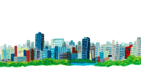 手描き水彩イラスト　都市と自然 © K.M.S.P.