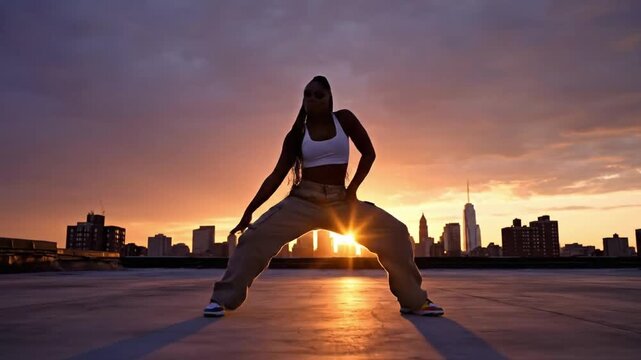 Dancer silhouetted against a sunset skyline