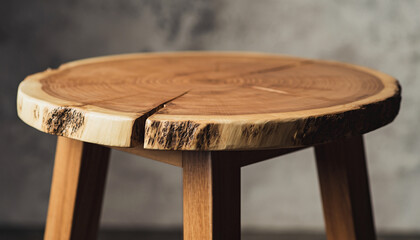 A wooden stool with a natural, cracked top and three legs.