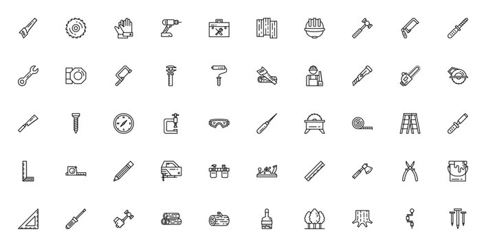 Carpenter tool icon set. Vector toolkit collection featuring hand saw, hammer, drill, toolbox, safety gear, measuring tools and more. Editable stroke line icons.