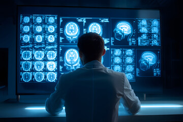 Doctor examines brain scans on a large display in a medical facility at night