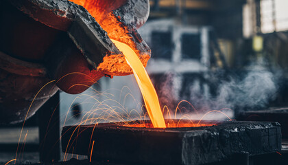 Molten metal being poured into a mold in a foundry.