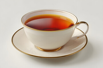 Hot tea served in a white cup on a small plate in a simple setting during the afternoon