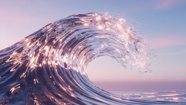 Majestic ocean wave crests under a vibrant pastel sky, shimmering with golden light, embodying fluid motion and the serene power of nature's endless cycle