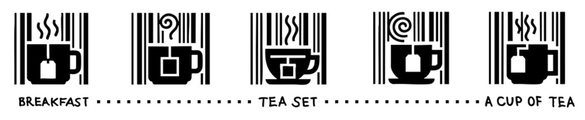 A set of cups of tea and coffee for breakfast with a slice of lemon similar to a QR code barcode code