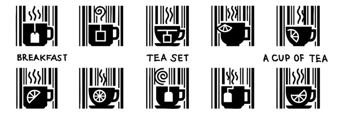 A set of cups of tea and coffee for breakfast with a slice of lemon similar to a QR code barcode code