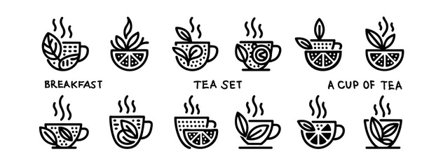 A set of cups of tea and coffee for breakfast with a slice of lemon similar to a QR code barcode code