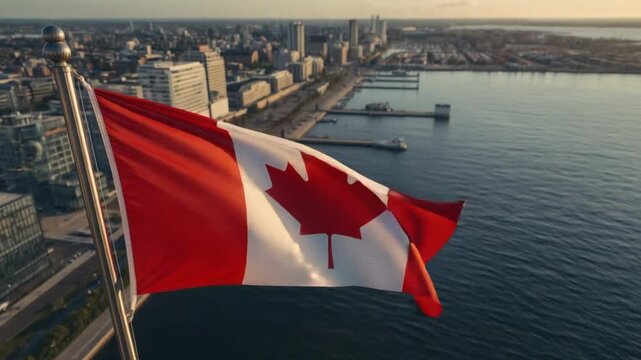 Canadian Flag Flying Above City Harbor on Canada Day
