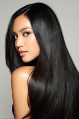 Fototapeta premium Healthy black hair, Asian beauty style, smooth straight hair, clean background