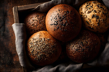 Fresh baked bread rolls placed on a cloth in a rustic kitchen setting in the evening