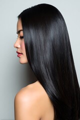 Fototapeta premium Healthy black hair, Asian beauty style, smooth straight hair, clean background