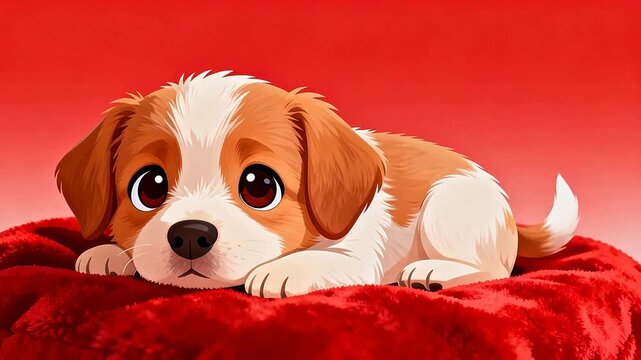 Cute cartoon puppy resting on red blanket