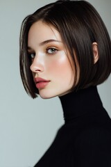 Naklejka premium Modern bob haircut, minimal fashion editorial, clean studio lighting