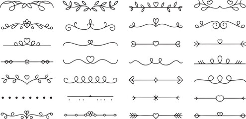 Decorative divider collection with elegant floral scrolls and heart shapes on transparent background for wedding invitation border