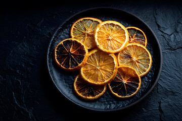 Dried lemon slices arranged on a black plate in low light showcasing textures and colors