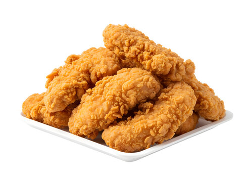Pile of crispy fried chicken tenders on white tray isolated concept