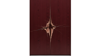 Cracked maroon wooden surface with peeling paint isolated on a transparent background damaged