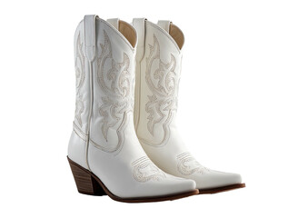 Pair of white leather cowboy boots with ornate stitching, angled on black