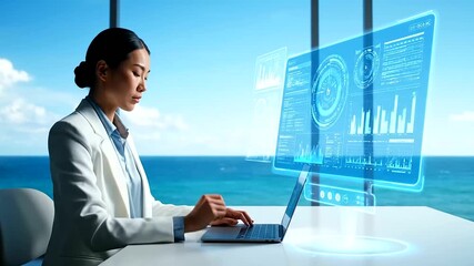 Asian businesswoman utilizes advanced holographic technology for data analysis in her modern home office, creating a productive Home Office Refresh with a stunning ocean view. - Powered by Adobe