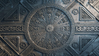 Intricate circular design with detailed geometric patterns on a metallic surface.