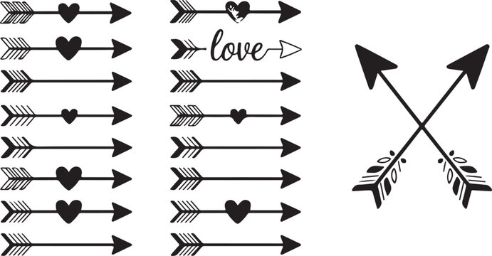 Collection of bohemian arrows with heart shapes and love lettering for romantic wedding graphics and valentines day craft projects