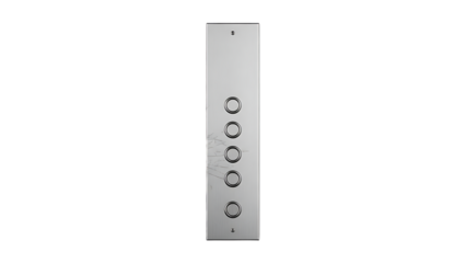 Stainless steel panel with five circular buttons isolated on a transparent background control panel